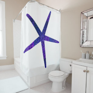 Glittery Blue Starfish Muster White Beach Deco Duschvorhang