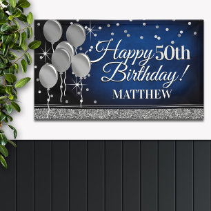 Glittery Blue und Silver Happy Birthday Banner