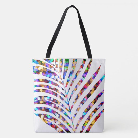 Glittery Bokeh weißes Palme-Mehrfarbenblatt Tasche (Vorderseite)