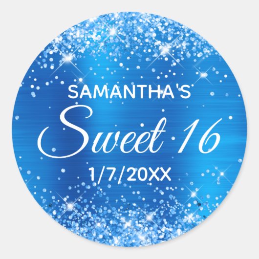 Glittery Bright Blue Foil Sweet 16 Runder Aufkleber (Vorderseite)