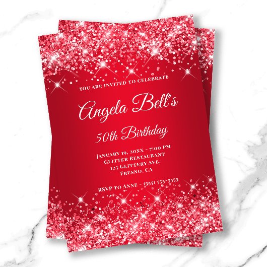 Glittery Bright Red Ombre Extravagant Monogram Einladung