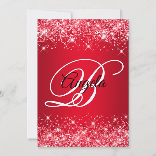 Glittery Bright Red Ombre Extravagant Monogram Einladung (Rückseite)