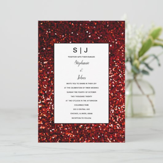 Glittery Burgundy Red Maroon Black Modern Wedding Einladung (Stehend Vorderseite)