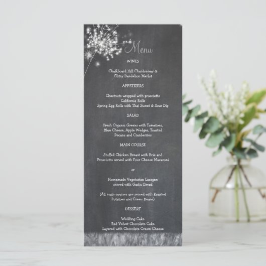 Glittery Chalkboard Dandelions Wedding Menu Menükarte (Stehend Vorderseite)