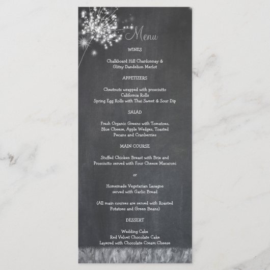 Glittery Chalkboard Dandelions Wedding Menu Menükarte (Vorderseite)