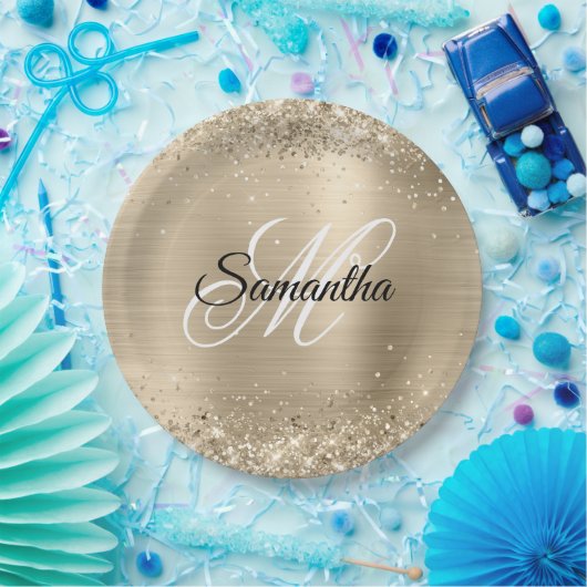 Glittery Champagne Foil Extravagant Monogram Pappteller (Party)