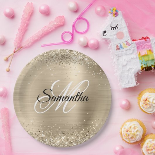 Glittery Champagne Foil Extravagant Monogram Pappteller (Party)