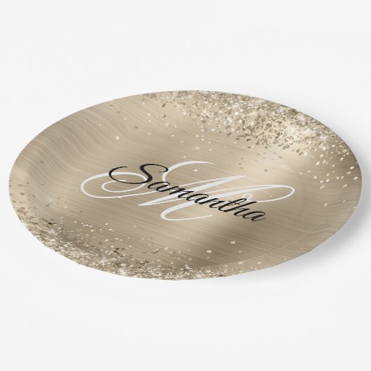 Glittery Champagne Foil Extravagant Monogram Pappteller (Schrägansicht)