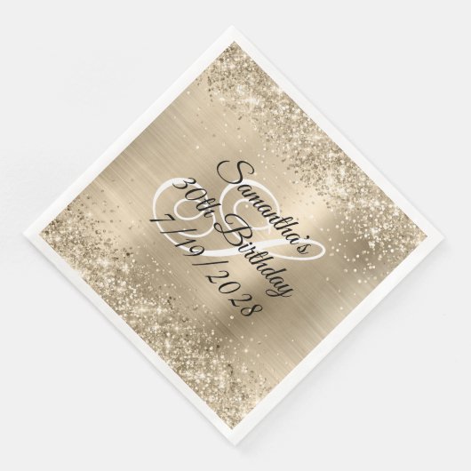 Glittery Champagne Monogram 30. Geburtstag Serviette (Ecke)