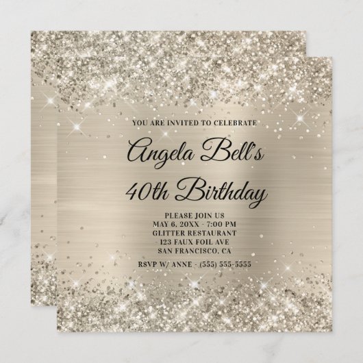 Glittery Champagne Shimmer Foil Extravagant Monogr Einladung (Vorne/Hinten)