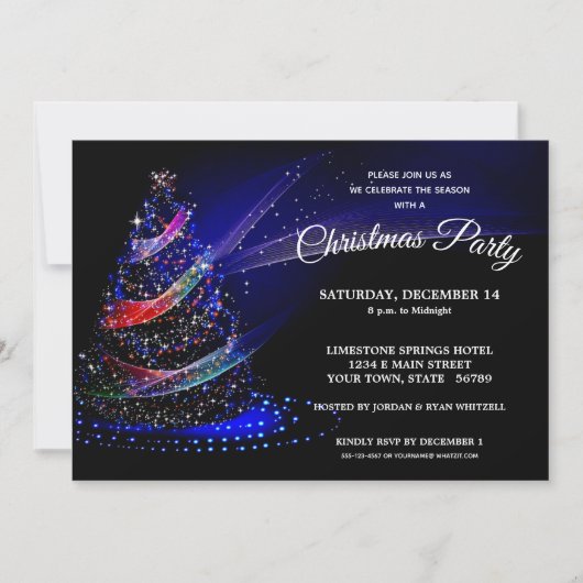 Glittery Christmas Tree Navy Starry Holiday Party Einladung (Vorderseite)