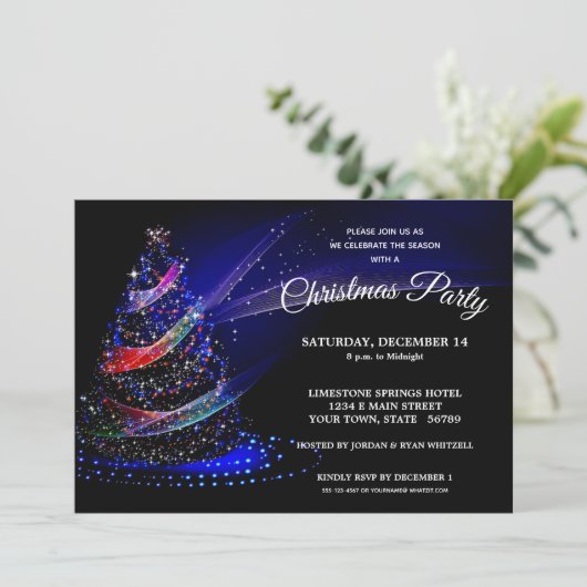 Glittery Christmas Tree Navy Starry Holiday Party Einladung (Stehend Vorderseite)