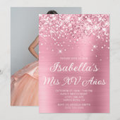 Glittery Classic Pink Foil Mis XV Años Foto Einladung (Vorne/Hinten)