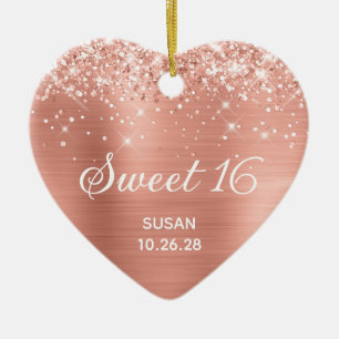 Glittery Classic Pink Peach Foil Sweet 16 Foto Keramik Ornament
