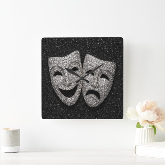 Glittery Comedy & Tragedy Drama Mask Quadratische Wanduhr (Zuhause)