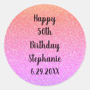 Glittery Custom Happy Birthday Name Rose Gold Pink Runder Aufkleber
