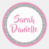 Glittery Dark Pink und Silver Name Gefälligkeitsau Runder Aufkleber (Vorderseite)