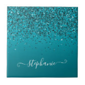 Glittery Dark Turquoise Gradient Girly Calligraphy Fliese (Vorderseite)