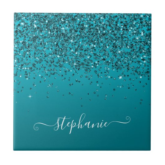 Glittery Dark Turquoise Gradient Girly Calligraphy Fliese (Vorderseite)