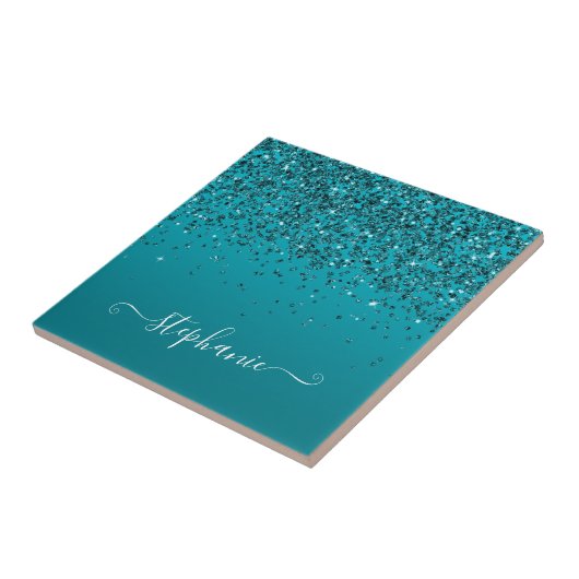 Glittery Dark Turquoise Gradient Girly Calligraphy Fliese (Seite)