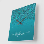 Glittery Dark Turquoise Gradient Girly Calligraphy Quadratische Wanduhr (Winkel)