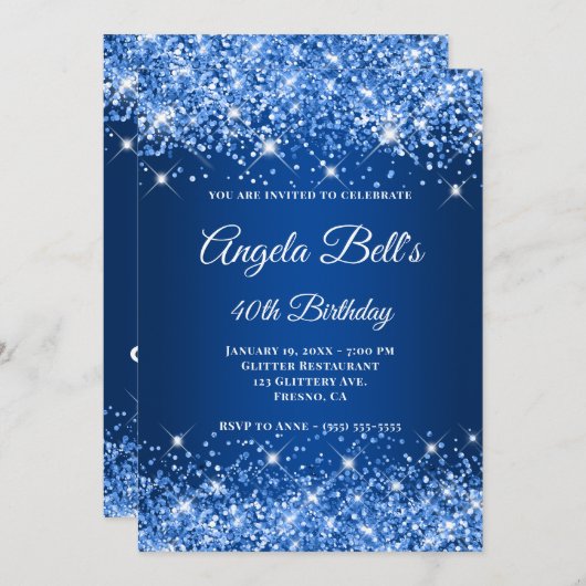 Glittery Deep Blue Ombre Extravagant Monogram Einladung (Vorne/Hinten)