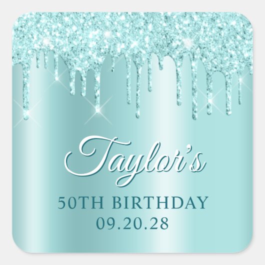 Glittery Drips Light Turquoise Ombre Drop Shadow Quadratischer Aufkleber (Vorderseite)