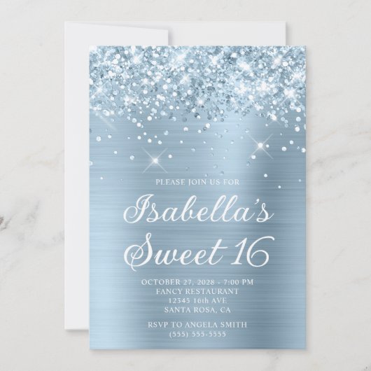 Glittery Dusty Blue Foil Sweet 16 Foto Einladung (Vorderseite)
