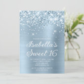 Glittery Dusty Blue Foil Sweet 16 Foto Einladung (Stehend Vorderseite)