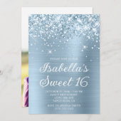 Glittery Dusty Blue Foil Sweet 16 Foto Einladung (Vorne/Hinten)