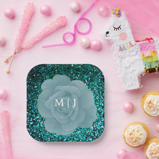 Glittery Dusty Blue Rose Monogram Elegant Wedding Pappteller (Party)