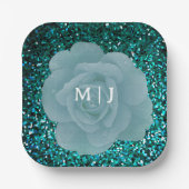 Glittery Dusty Blue Rose Monogram Elegant Wedding Pappteller (Vorderseite)