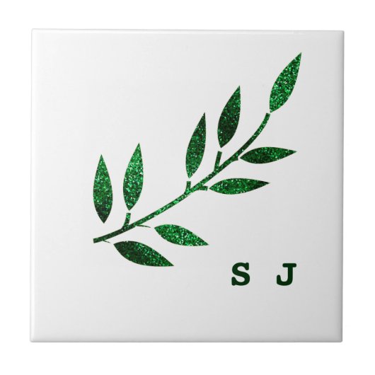 Glittery Emerald Green Leaf Monogram Gift Favor Fliese (Vorderseite)