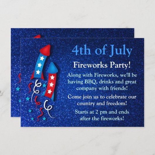 Glittery Fireworks Rocket 4. Juli Einladungen (Vorne/Hinten)