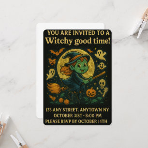 Glittery Flying Hexe-Halloween-Party Einladung