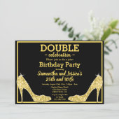 Glittery Funkelnd Gold Stilettos Double Birthday Einladung (Stehend Vorderseite)