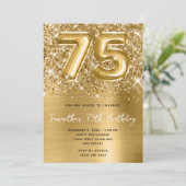 Glittery Funkelnd Goldballon Glam 75. Geburtstag Einladung (Stehend Vorderseite)