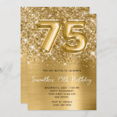 Glittery Funkelnd Goldballon Glam 75. Geburtstag Einladung (Vorne/Hinten)