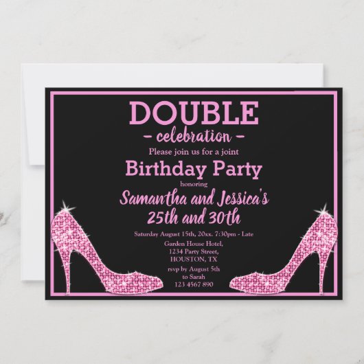 Glittery Funkelnd Pink Stilettos Double Birthday Einladung (Vorderseite)
