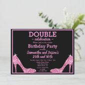 Glittery Funkelnd Pink Stilettos Double Birthday Einladung (Stehend Vorderseite)