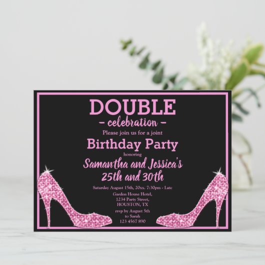 Glittery Funkelnd Pink Stilettos Double Birthday Einladung (Stehend Vorderseite)