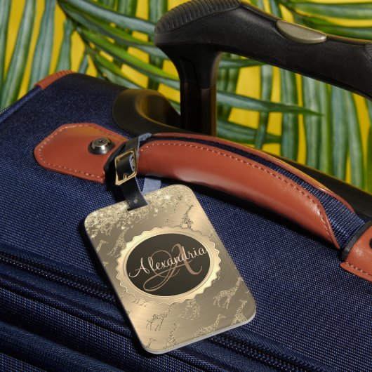 Glittery Giraffen auf Glitzy Gold Monogram Gepäckanhänger (Vorderseite Insitu 1)