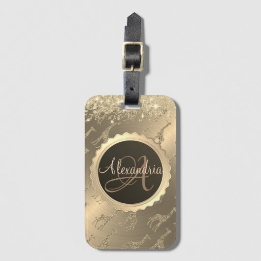 Glittery Giraffen auf Glitzy Gold Monogram Gepäckanhänger (Vorderseite Vertikal)