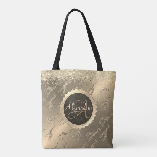 Glittery Giraffen auf Glitzy Gold Monogram Tote Ba Tasche (Rückseite)