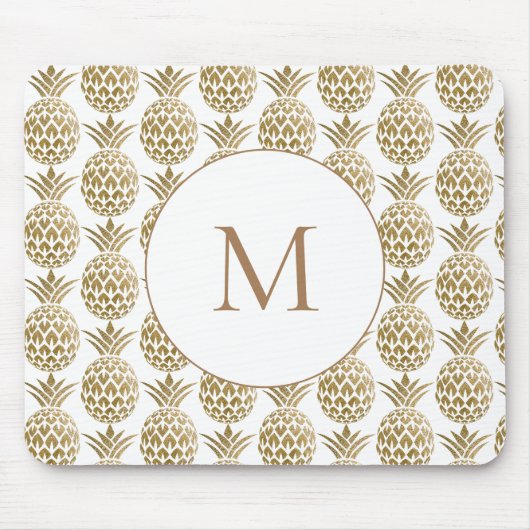 Glittery Gold Ananas Muster White Monogram Mousepad (Vorne)