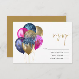 Glittery Gold Blue Fuchsia Balloons 60. Geburtstag RSVP Karte