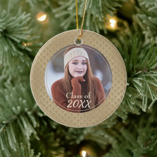 Glittery Gold Damask Muster Foto Graduate Keramik Ornament (Baum)