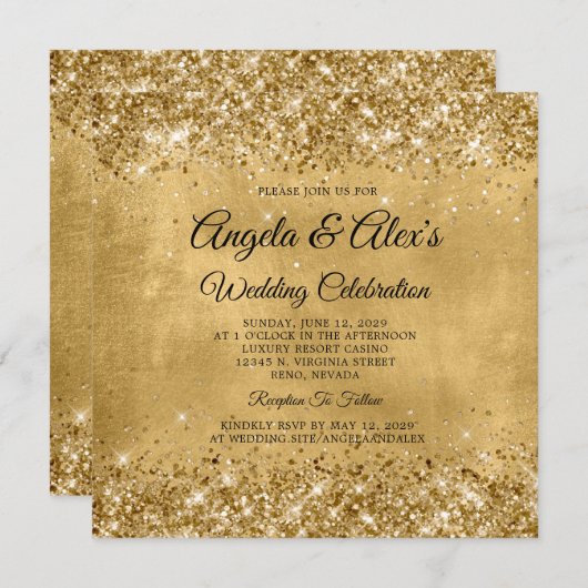 Glittery Gold Elegante Wedding Einladung (Vorne/Hinten)