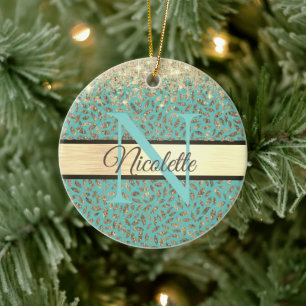 Glittery Gold Feathers Monogram Keramik Ornament