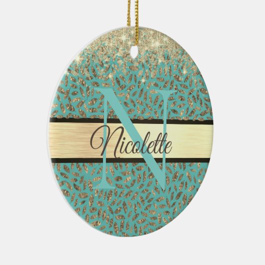 Glittery Gold Feathers Monogram Keramik Ornament (Rechts)